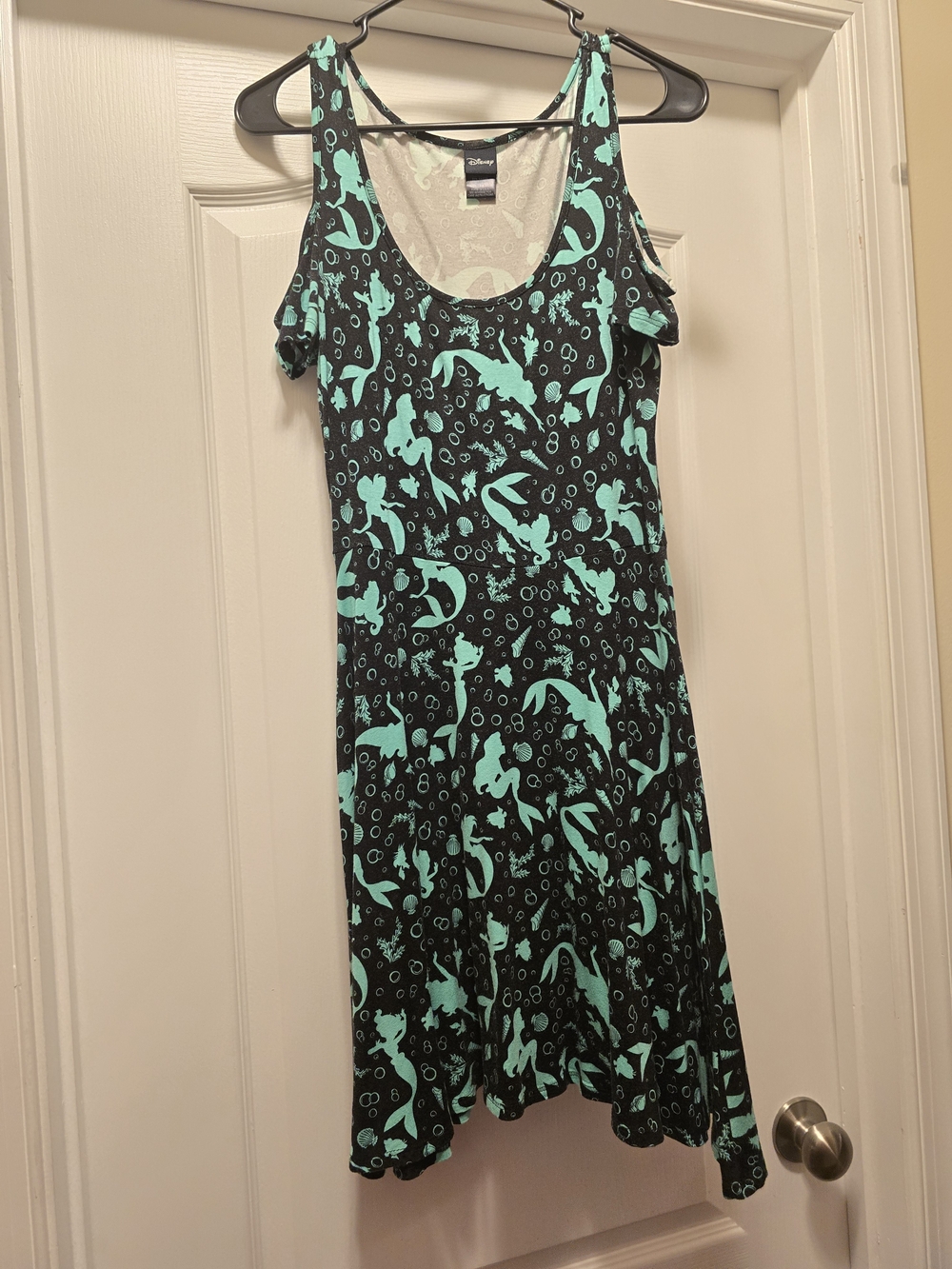 Disney Black & Aqua Mermaid Print Cold-Shoulder Dress